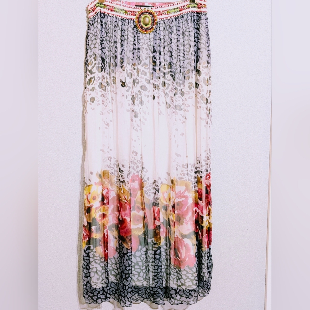 🌸 AQUA 100% Silk Beaded Floral Animal Print Maxi Skirt Size US 12